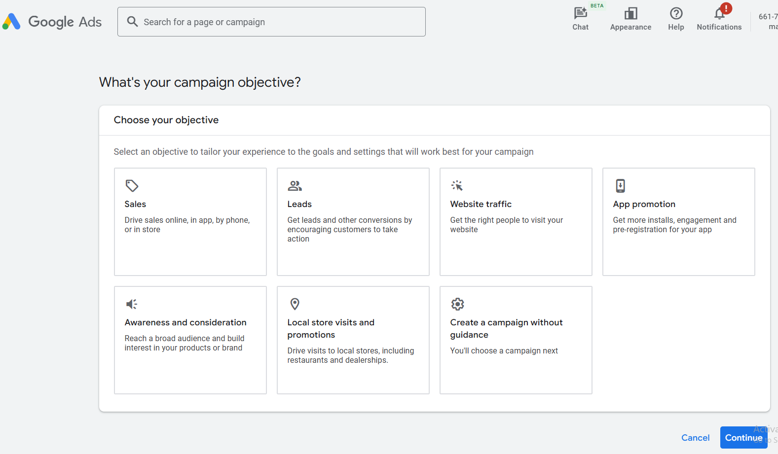 google ads interface and campaign types